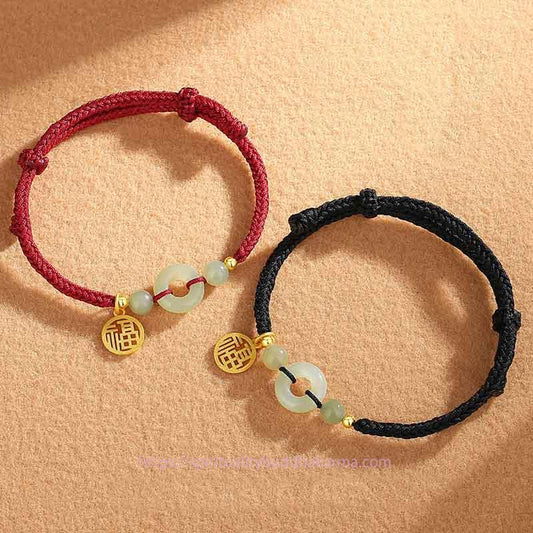 Ancient Tibetan Buddhist Red String Tradition 925 Sterling Silver Hetian Jade Peace Buckle Fu Character Charm Abundance Bracelet