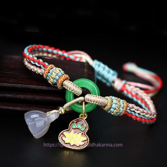 Jade Colorful Rope Chalcedony Lotus Jade Peace Buckle Harmony Gourd Charm Bracelet