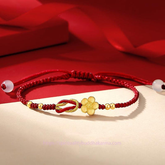 Ancient Tibetan Buddhist Red String Tradition Handmade 925 Sterling Silver Cherry Blossoms Sakura Chalcedony Luck Bracelet