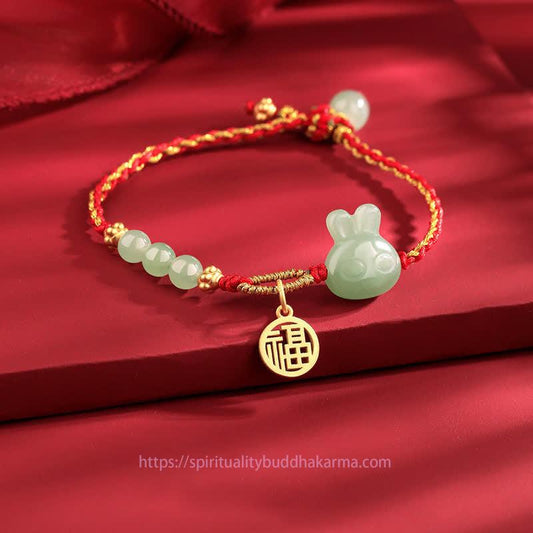 Ancient Tibetan Buddhist Red String Tradition 925 Sterling Silver Year of the Rabbit Hetian Jade Happiness Luck Red String Bracelet
