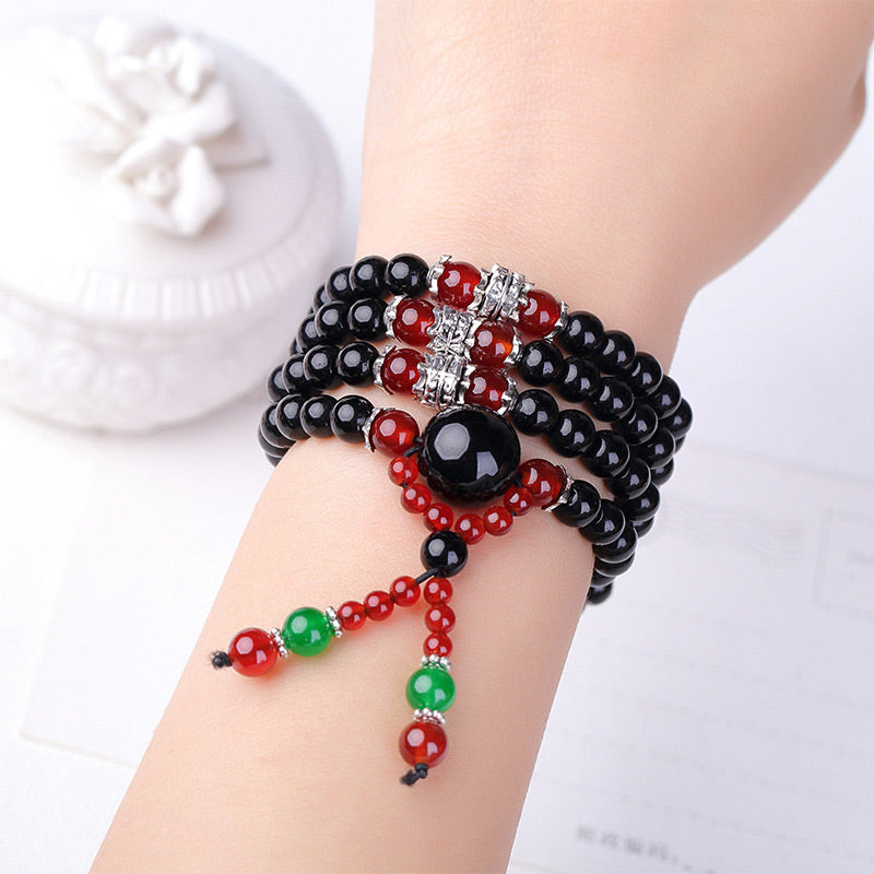 Spirituality Buddha Karma 108 Beads Natural Black Obsidian Tiger Eye Mala Bracelet