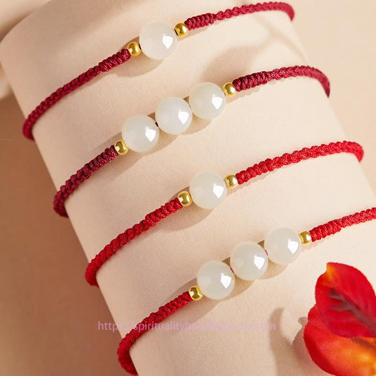 Ancient Tibetan Buddhist Red String Tradition Handcrafted Round Jade Lucky Bead Prosperity Braided Bracelet