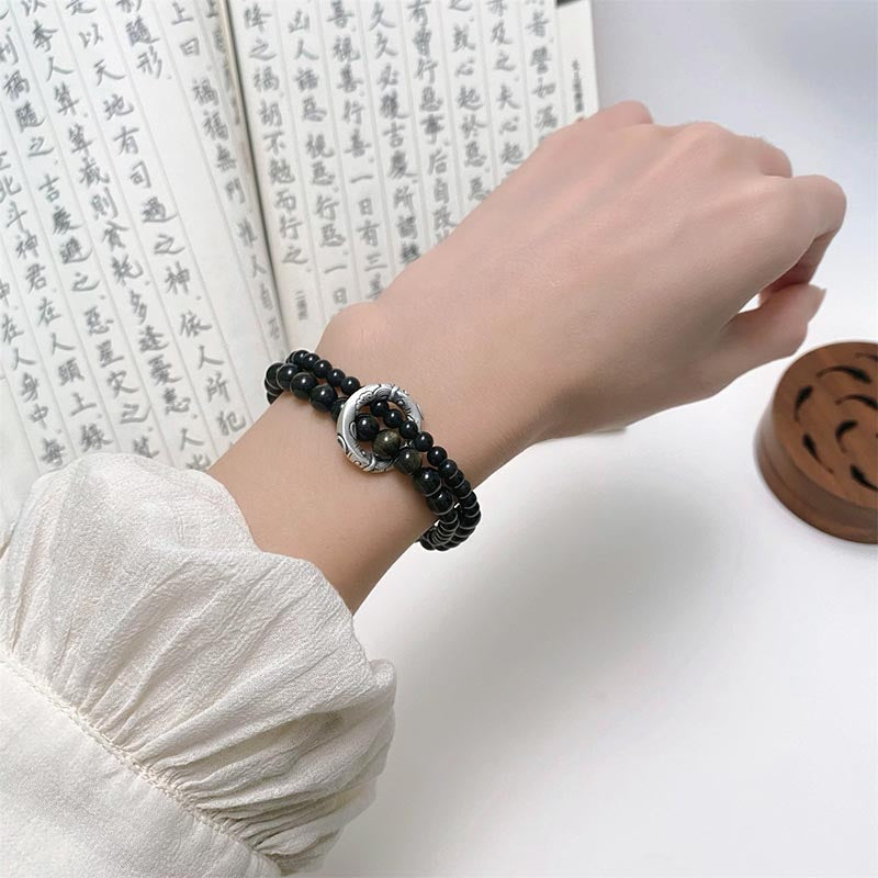 Spirituality Buddha Karma 999 Sterling Silver Black Obsidian Fulfillment Strength Double Layer Bracelet