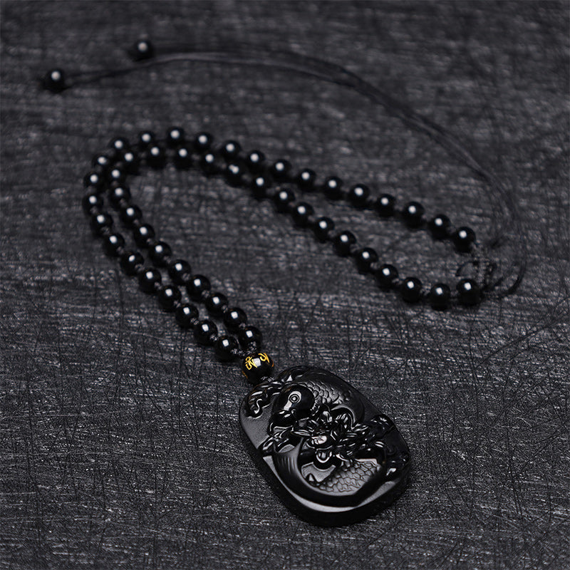 Spirituality Buddha Karma Natural Black Obsidian Koi Fish Lotus Strength Beaded Necklace Pendant