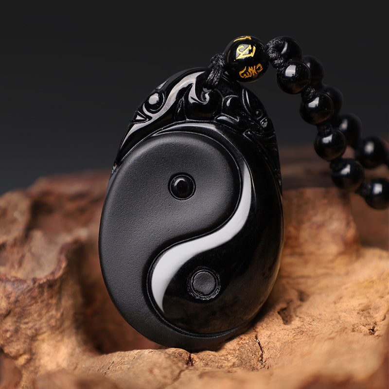 Spirituality Buddha Karma Natural Black Obsidian Yin Yang Fulfilment Strength Necklace Pendant