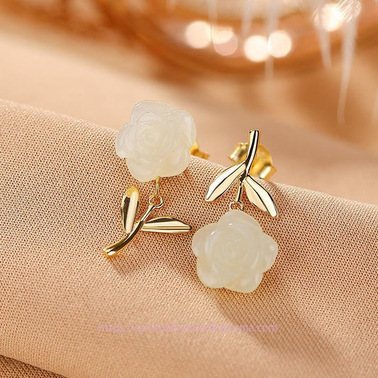 Jade 925 Sterling Silver Plated Gold Jade Rose Flower Cyan Jade Pearl Luck Earrings
