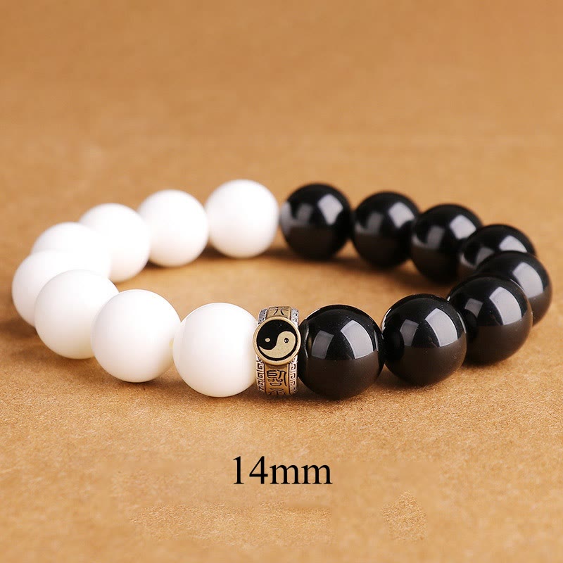 Spirituality Buddha Karma 925 Sterling Silver Black Obsidian White Shell Yin Yang Strength Bracelet