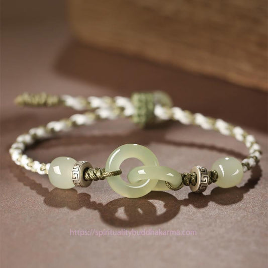 Ancient Tibetan Buddhist Red String Tradition Natural Hetian Jade Peace Buckle Luck Braided Bracelet