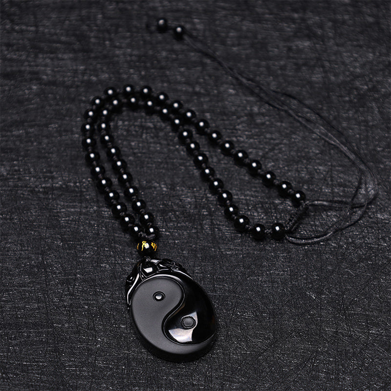 Spirituality Buddha Karma Natural Black Obsidian Yin Yang Fulfilment Strength Necklace Pendant