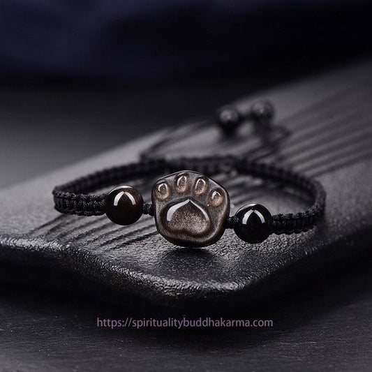 Ancient Tibetan Buddhist Red String Tradition Natural Silver Sheen Obsidian Gold Sheen Obsidian Cat Claw Soothing Braided Bracelet