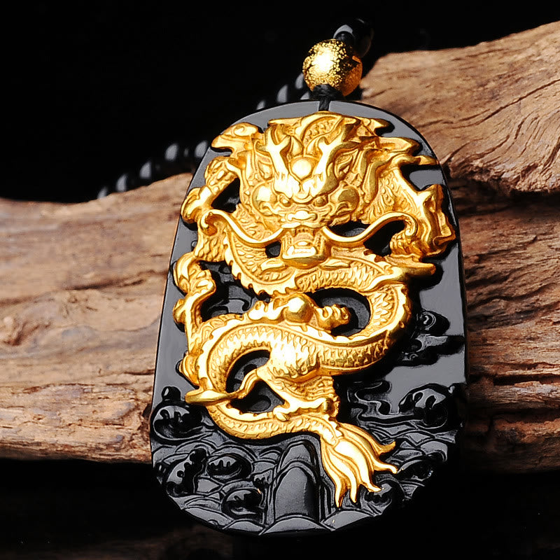 Spirituality Buddha Karma 18k Gold-plated Dragon Obsidian Lucky Pendant Necklace