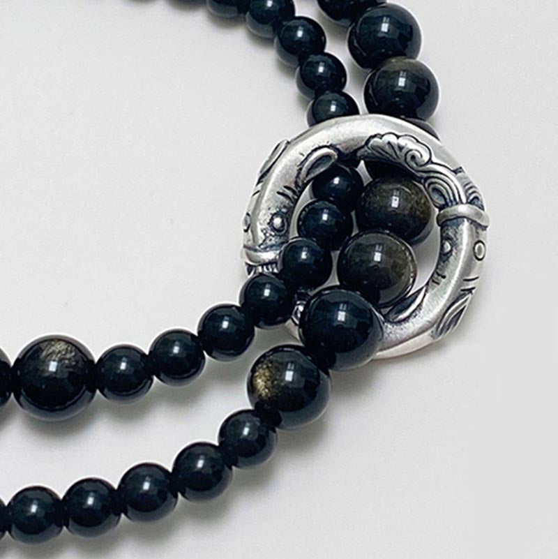 Spirituality Buddha Karma 999 Sterling Silver Black Obsidian Fulfillment Strength Double Layer Bracelet