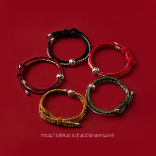 Ancient Tibetan Buddhist Red String Tradition 925 Sterling Silver Tibetan Zakiram Goddess of Wealth Luck Rope Bracelet