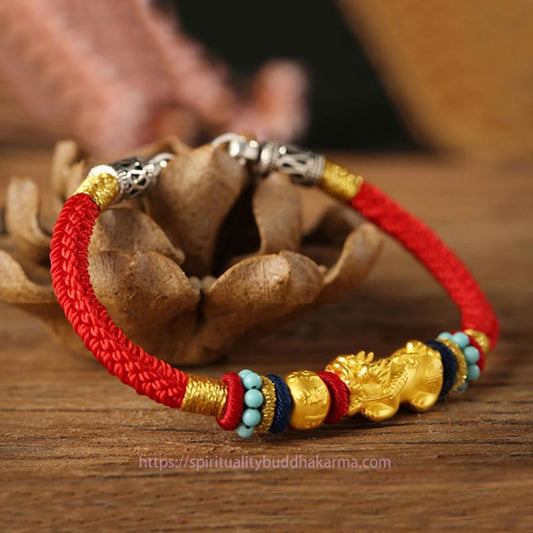 Ancient Tibetan Buddhist Red String Tradition 999 Gold PiXiu Om Mani Padme Hum Wealth String Braided Couple Bracelet