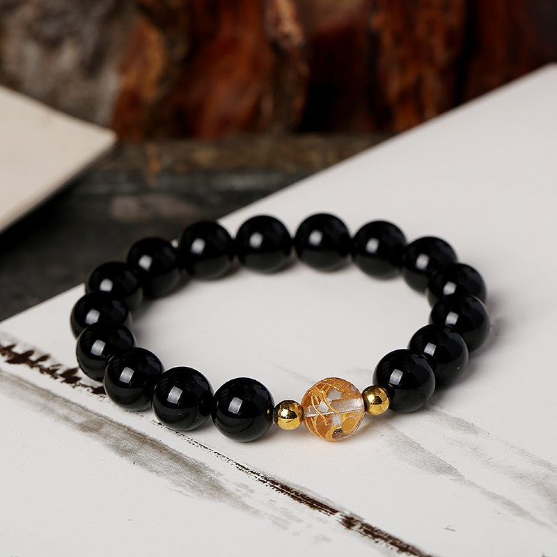 Spirituality Buddha Karma Natural Black Obsidian White Crystal Black Onyx Dragon Strength Bracelet