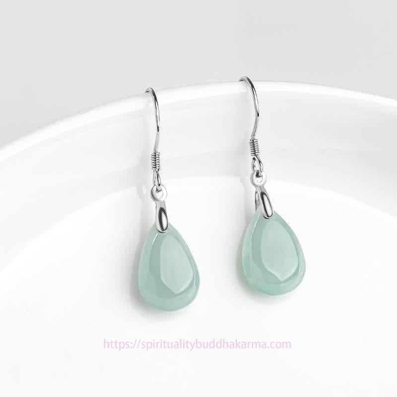 Jade 925 Sterling Silver Jade Water Drop Pattern Luck Prosperity Dangle Earrings