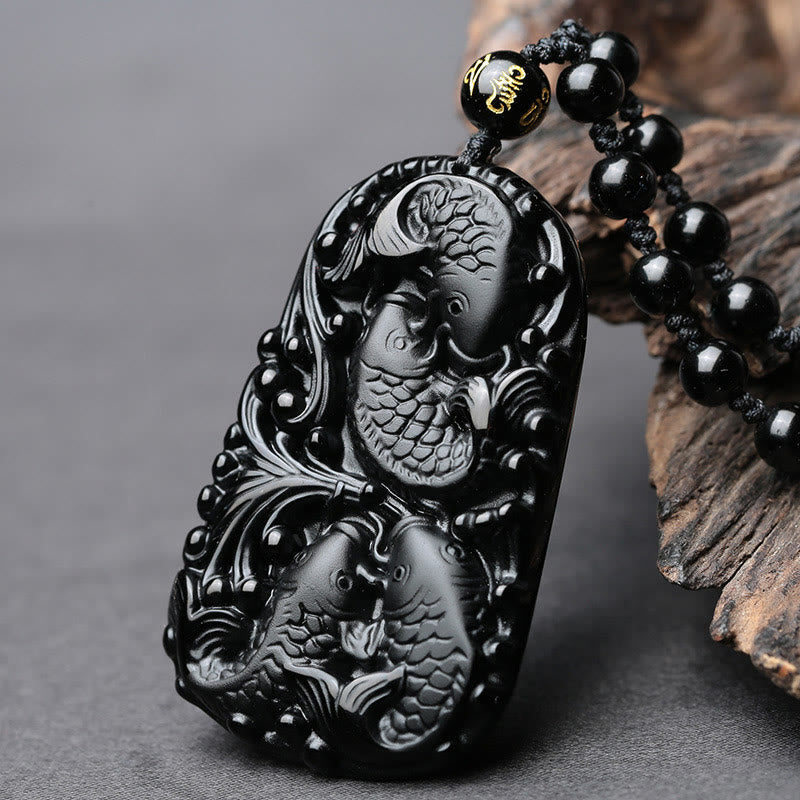 Spirituality Buddha Karma Black Obsidian Koi Fish Engraved Strength Beaded Necklace Pendant