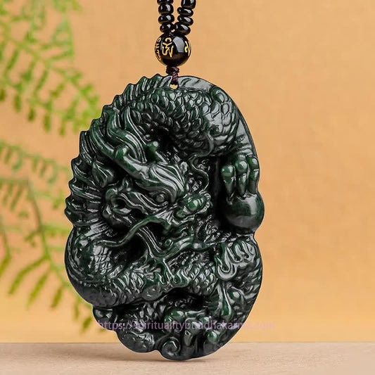 Jade Hetian Cyan Jade Dragon Success Harmony Necklace Beaded String Pendant