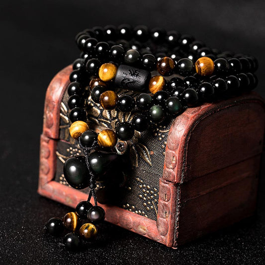 Spirituality Buddha Karma Natural Black Obsidian Rainbow Obsidian Gourd Blessing Bracelet Mala