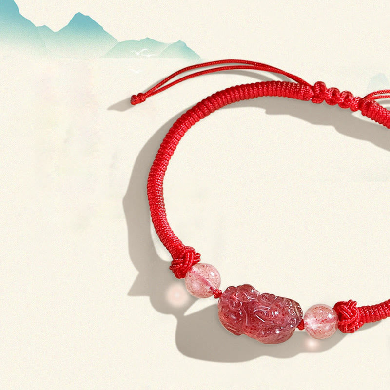 Spirituality Buddha Karma Handmade Natural Silver Sheen Obsidian Strawberry Quartz PiXiu Protection Braided Bracelet