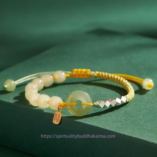Jade 925 Sterling Silver Hetian Jade Peace Buckle Beaded Luck Happiness Charm Bracelet