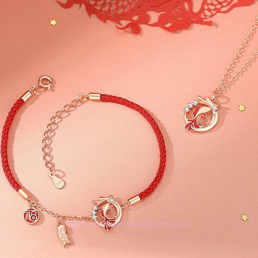 Ancient Tibetan Buddhist Red String Tradition 925 Sterling Silver Year Of The Dragon Koi Fish Fu Character Luck Necklace Pendant Bracelet