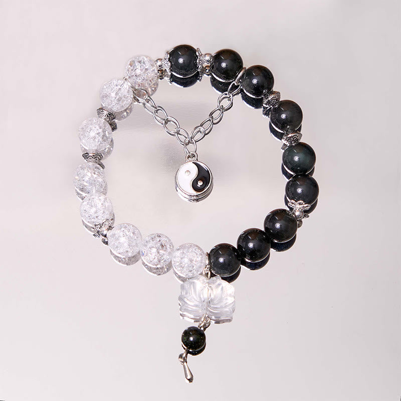 Spirituality Buddha Karma Silver Sheen Obsidian Crackle Clear Quartz Black Rutilated Quartz Yin Yang Lotus Protection Bracelet