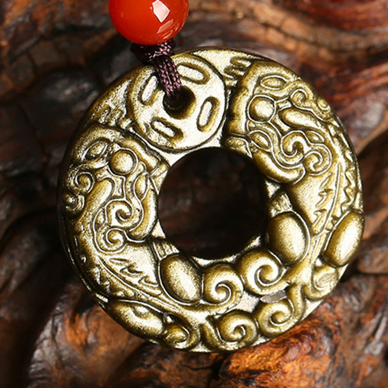 Spirituality Buddha Karma Gold Sheen Obsidian Peace Buckle Pixiu Copper Coin Wealth Necklace Pendant