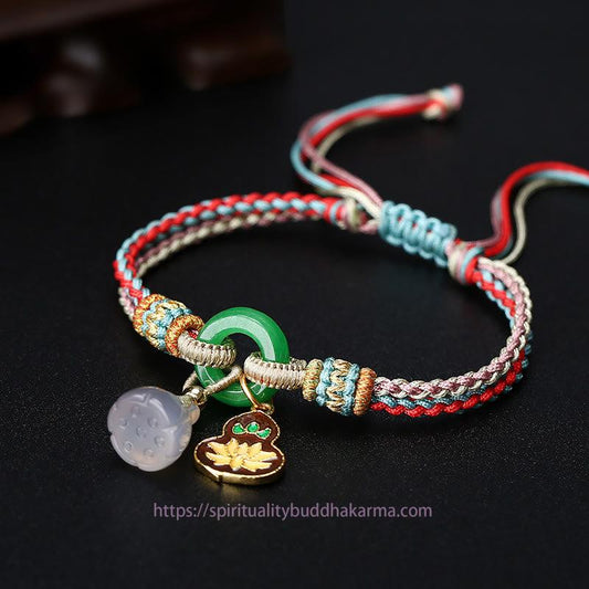 Jade Colorful Rope Chalcedony Lotus Jade Peace Buckle Harmony Gourd Charm Bracelet