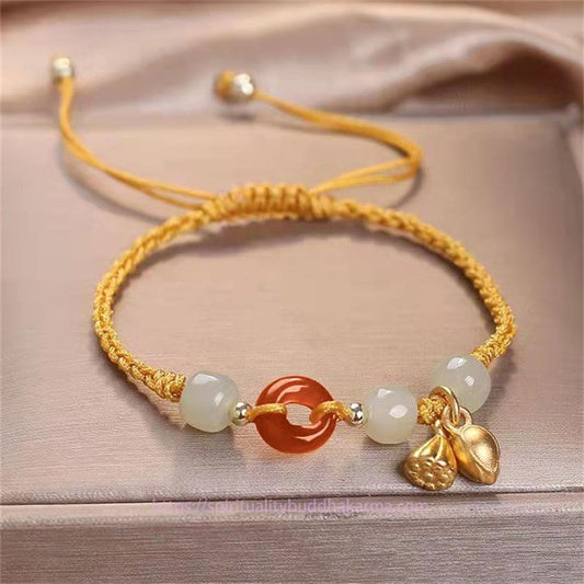 Ancient Tibetan Buddhist Red String Tradition Red Agate Peace Buckle Jade Lotus Healing Braided Bracelet