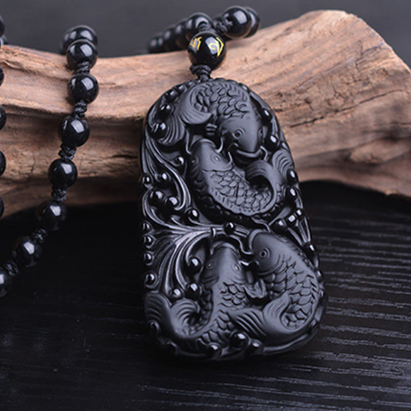 Spirituality Buddha Karma Black Obsidian Koi Fish Engraved Strength Beaded Necklace Pendant