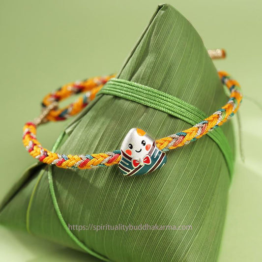 Ancient Tibetan Buddhist Red String Tradition 925 Sterling Silver Dragon Boat Festival Zongzi Pattern Luck Handmade Multicolored Rope Child Adult Bracelet