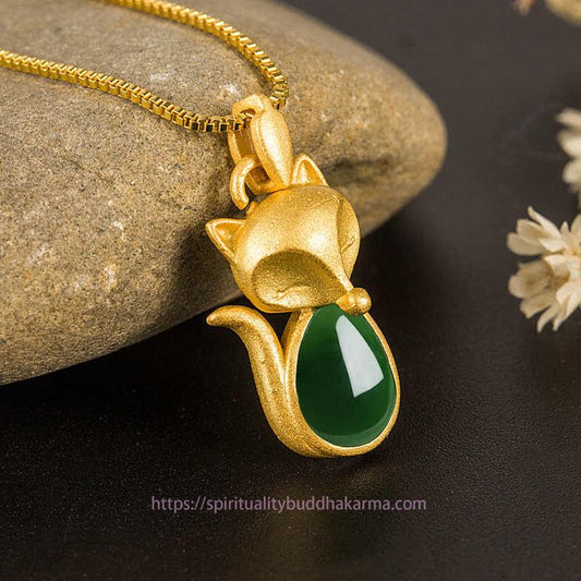 Jade  Green Chalcedony Fox Pattern Courage Necklace Pendant
