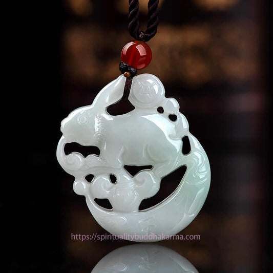 Jade Year of the Rabbit White Jade Crescent Moon Protection Necklace Pendant