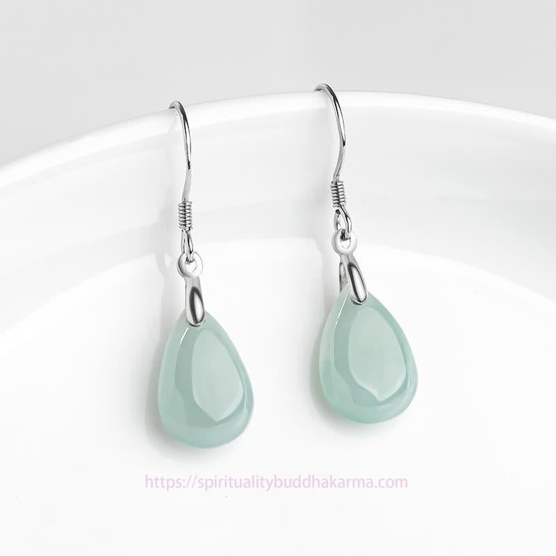 Jade 925 Sterling Silver Jade Water Drop Pattern Luck Prosperity Dangle Earrings
