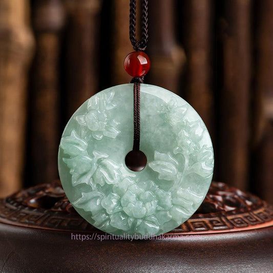 Jade Round Jade Peace Buckle Peony Flower Abundance Necklace Pendant