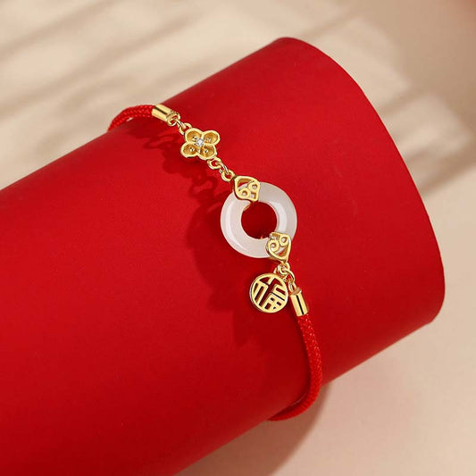 Ancient Tibetan Buddhist Red String Tradition 999 Sterling Silver Hetian Jade Peace Buckle Fu Character Luck Red Rope Bracelet