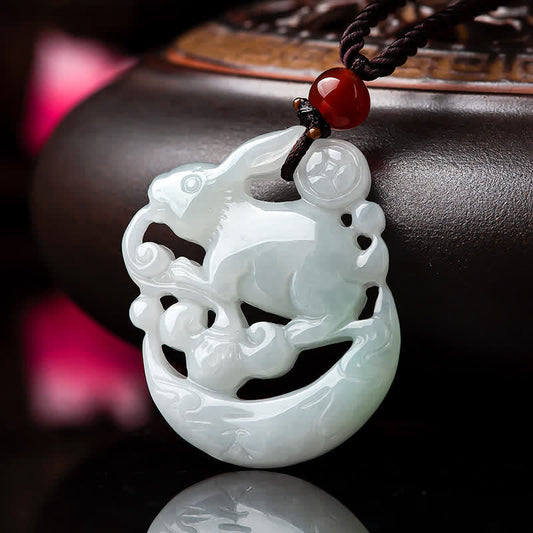 Jade Year of the Rabbit White Jade Crescent Moon Protection Necklace Pendant