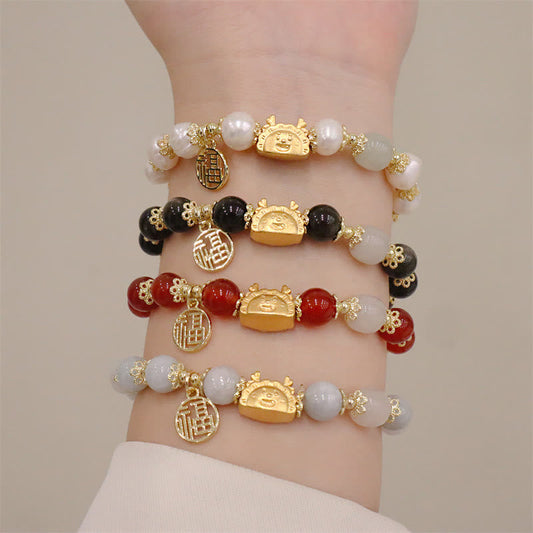 Jade Year Of The Dragon Red Agate Strawberry Quartz Black Obsidian Jade Garnet Pearl Cinnabar Dumpling Dragon Luck Fu Character Bracelet