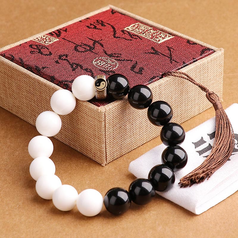 Spirituality Buddha Karma 925 Sterling Silver Black Obsidian White Shell Yin Yang Strength Bracelet