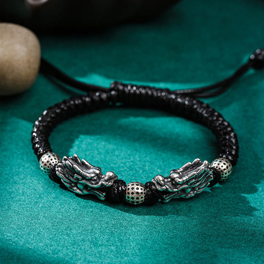 Ancient Tibetan Buddhist Red String Tradition 999 Sterling Silver Double Dragon Luck Handmade Braided Bracelet