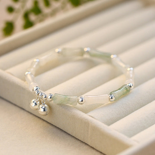 Jade 925 Sterling Silver Natural White Jade Bamboo Bell Charm Luck Happiness Bracelet