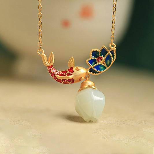Jade 925 Sterling Silver White Jade Koi Fish Lotus Protection Necklace Pendant