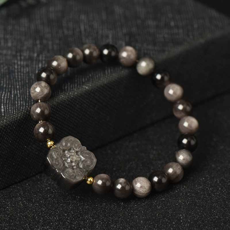 Spirituality Buddha Karma Silver Sheen Obsidian Lotus Flower Nine Tailed Fox Laughing Buddha Protection Bracelet