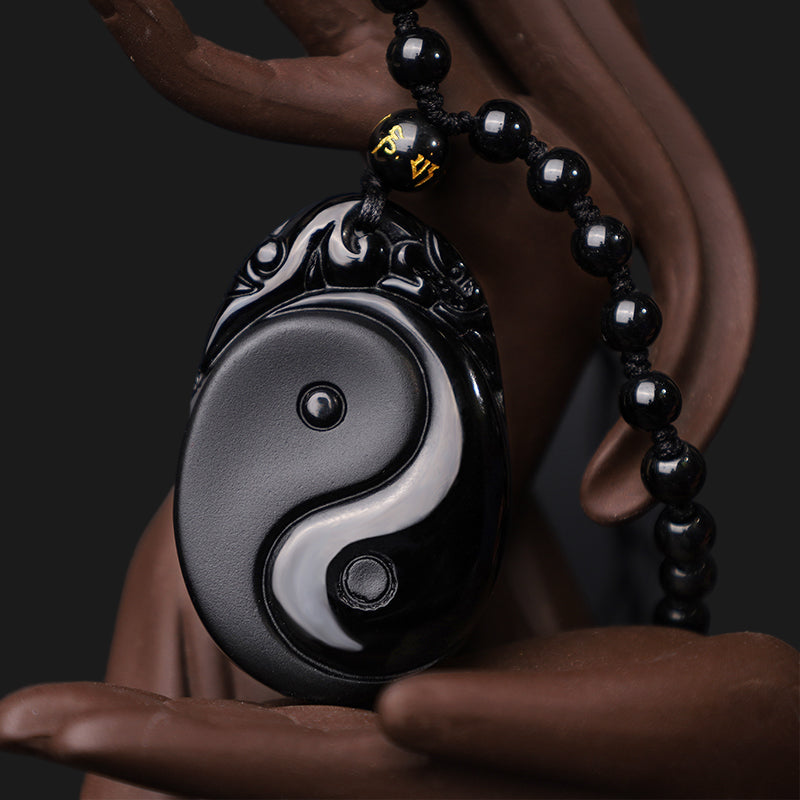 Spirituality Buddha Karma Natural Black Obsidian Yin Yang Fulfilment Strength Necklace Pendant