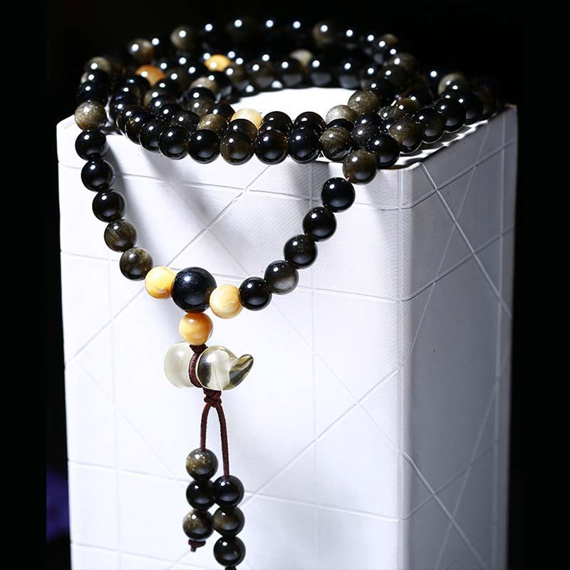 Spirituality Buddha Karma Natural Ice Obsidian Tiger Eye Gourd Bracelet Mala