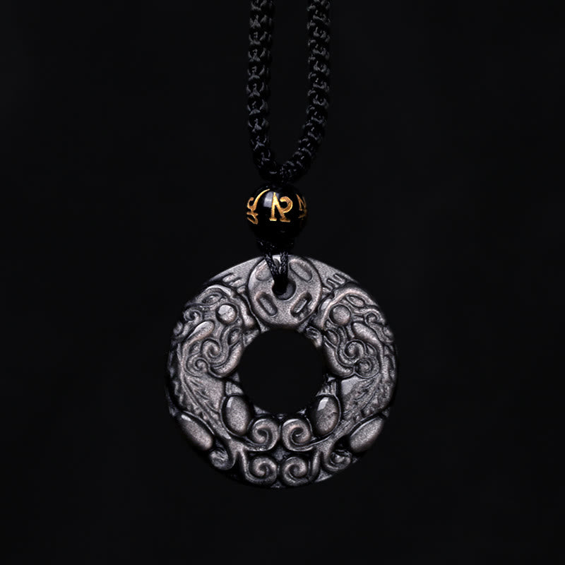 Spirituality Buddha Karma Natural Silver Sheen Obsidian Double PiXiu Copper Coin Peace Buckle Protection Necklace Pendant