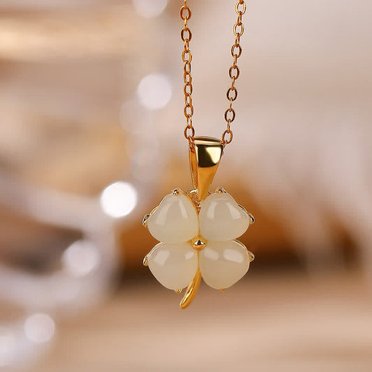 Jade 925 Sterling Silver Hetian White Jade Cyan Jade Luck Four Leaf Clover Happiness Necklace Pendant