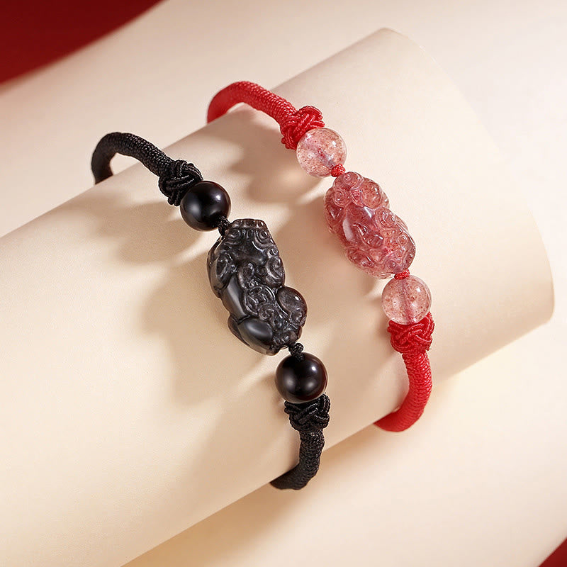 Spirituality Buddha Karma Handmade Natural Silver Sheen Obsidian Strawberry Quartz PiXiu Protection Braided Bracelet