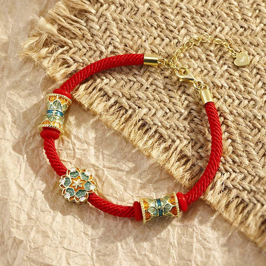Ancient Tibetan Buddhist Red String Tradition Dunhuang 925 Sterling Silver Lotus Drum New Beginning Red Rope Bracelet